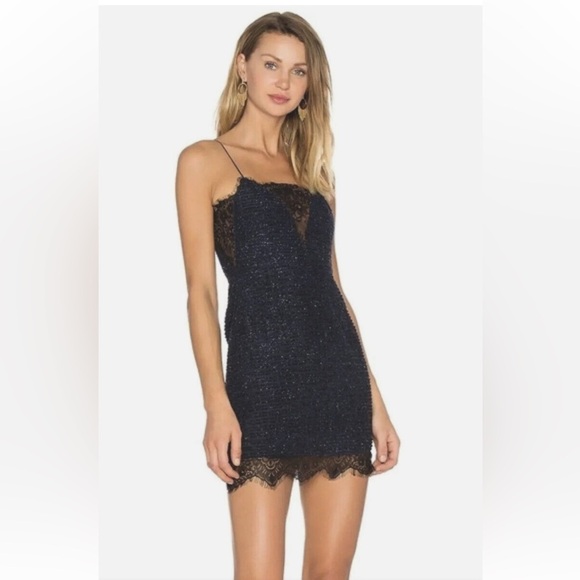 Revolve X By NBD Navy Blue Metallic Thread Black Lace Sleeveless Mini Dress